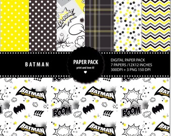 Digital Paper Pack and Clip BATMAN. 12x12 sheets 300 dpi scrapbooking + 3 PNG CLIPART