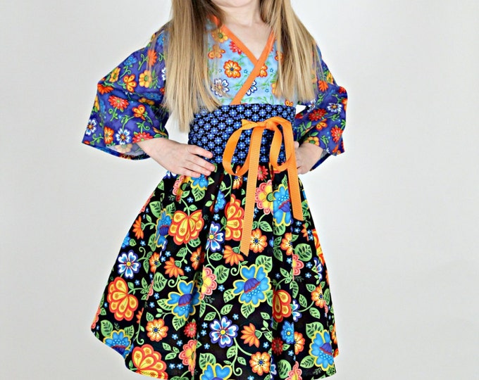 Little Girls Boutique Dress - Birthday - Long Sleeves - Toddler - Easter - Spring - Floral - Blue - Garden Party - sizes 2T to 7 yrs