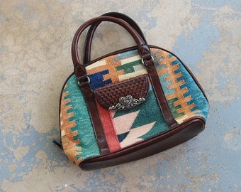 vintage 90s Kilim Purse - 1990s Ethnic Tapestry and Leather Handbag Western Doctors Bag