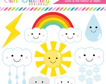Weather Clipart Graphics Digital Clip Art Sun Rainbow Clouds Lightning Bold Raindrop Shower Clouds Commercial Use Graphics