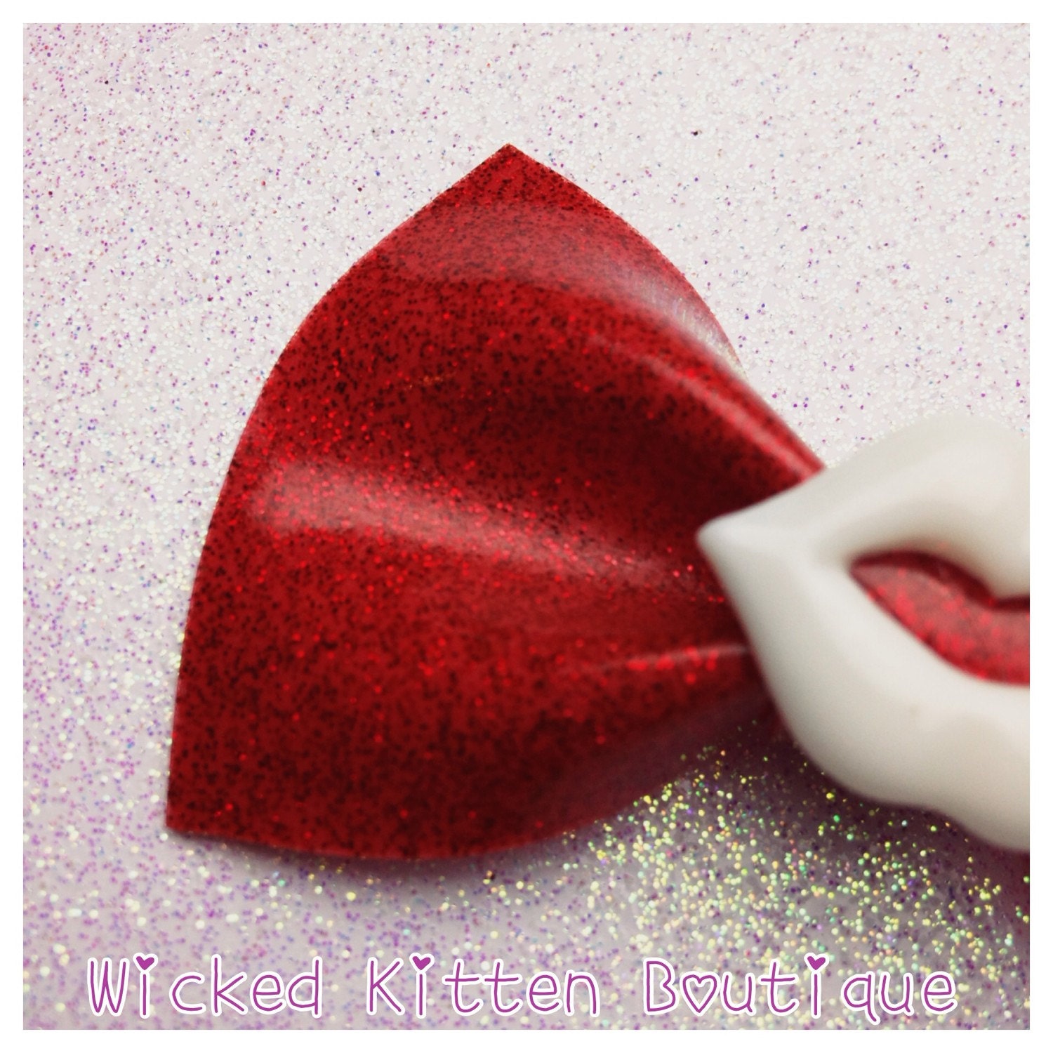 Red Glitter Vinyl Hair Bow small white lips Rockabilly Bow