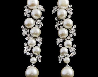 Bridal pearl earrings leaf pearl crystal drop wedding earrings 1930s vintage style crystal pearl drop wedding bridal earrings