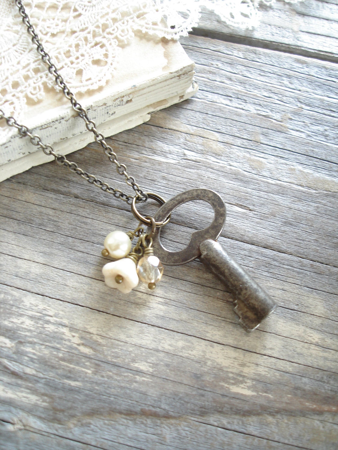 Antique Key Necklace. Vintage Skeleton Key Necklace. Cream