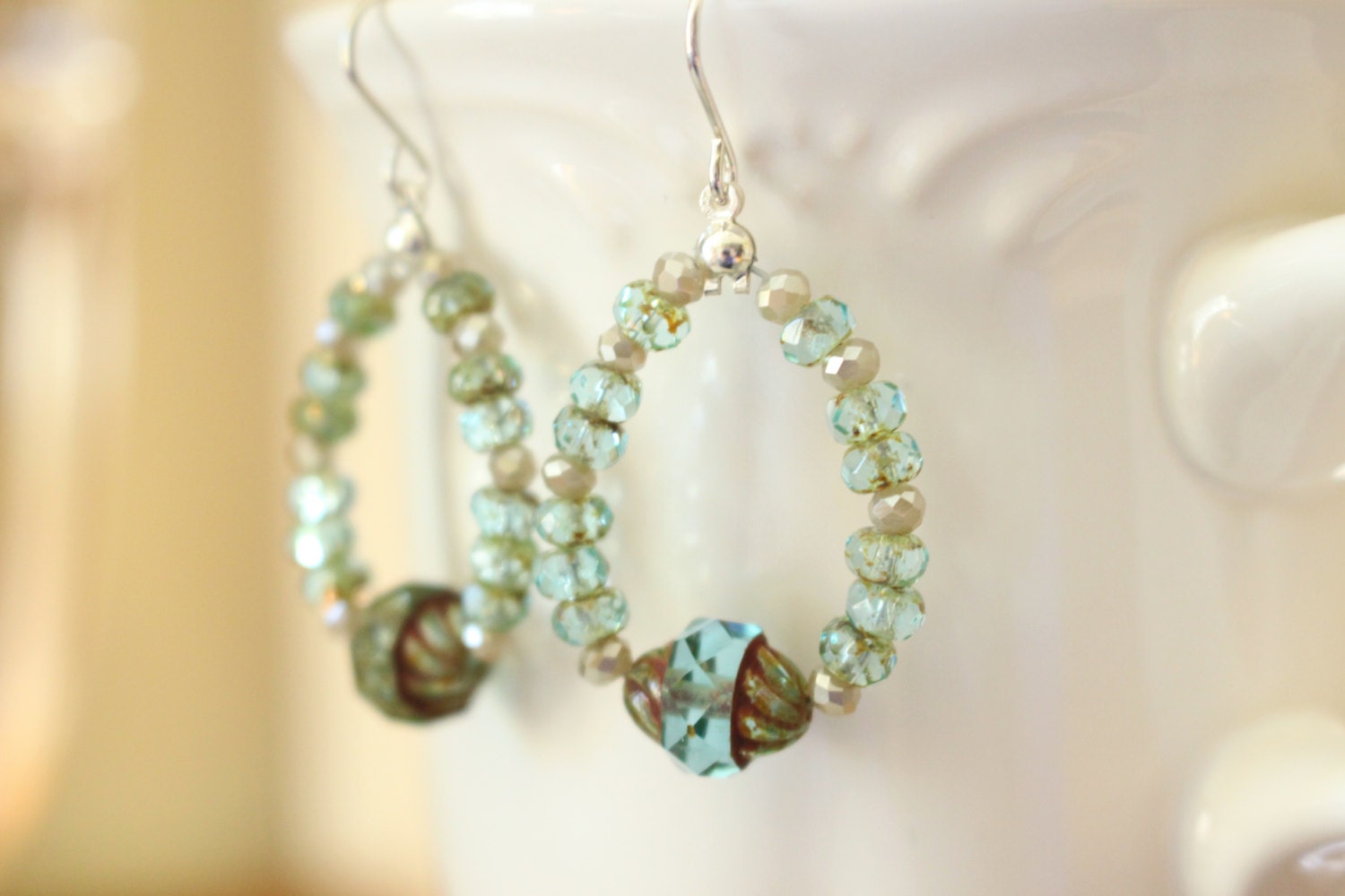 Aqua hoop earrings Aqua and Grey Earrings Aqua Beaded Hoop