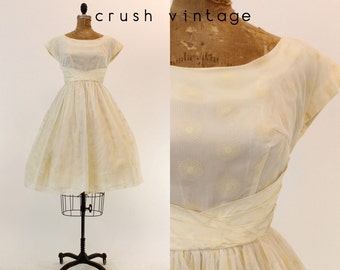 50s Teena Paige Dress XS / 1950s Vintage Floral Flocked Organza Dress / Spirograph Swirl Dress