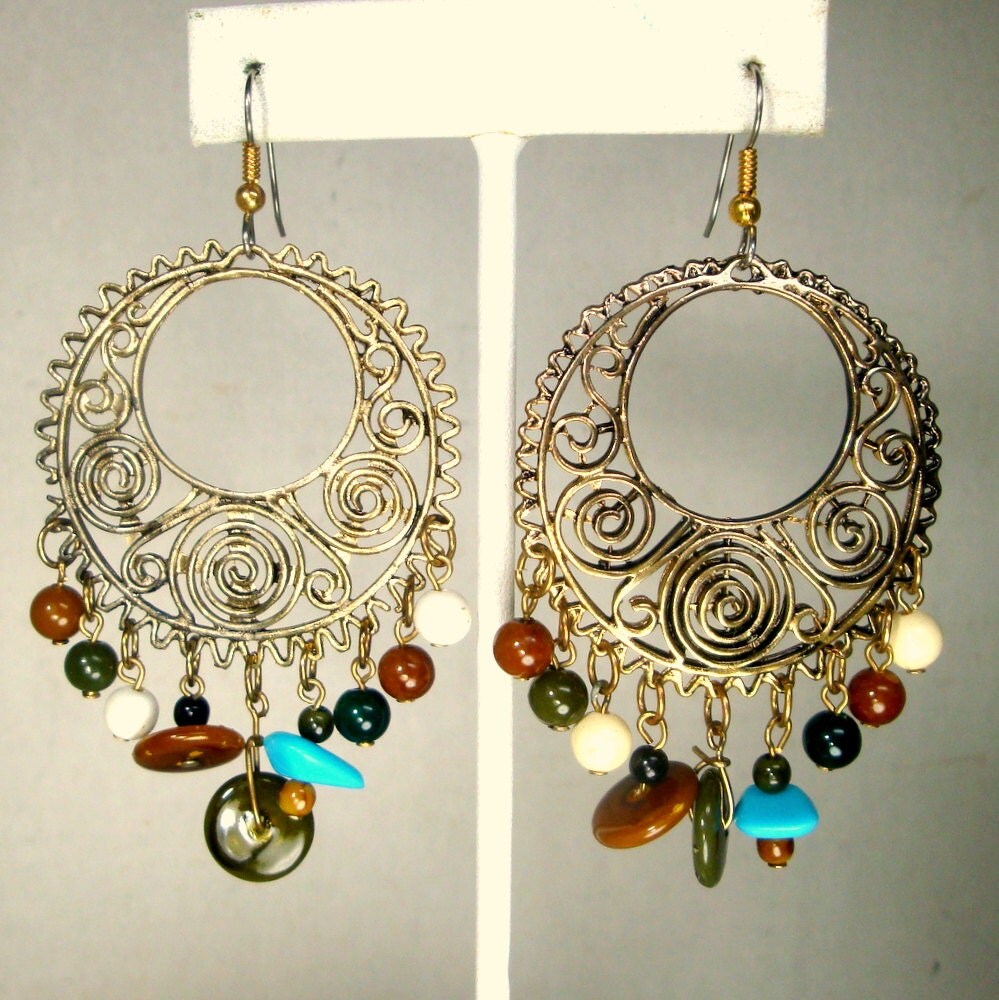 Trashy Gypsy Dangle Earrings GOLD Beaded Hoop Dangles 1990s