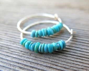 natural turquoise earrings. small sterling silver hoops. Canadian seller in Calgary. turquoise jewelry.