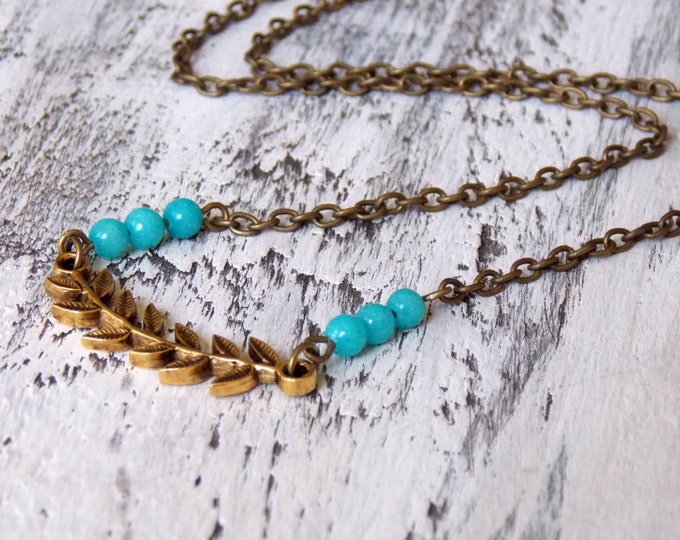 Gold Leaf Necklace Gemstone Necklace Dainty Jewelry Blue Agate Bar Necklace Minimalist Jewelry Layer Layered Gold Delicate Simple Necklace