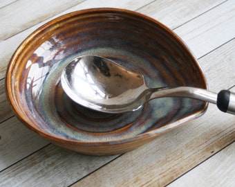 Large Rustic Spoon Rest in Earthy Amber Glaze Stoneware Pottery Utensil Dish Ready to Ship Made in USA
