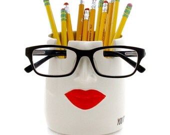 Pencil cup and glasses holder, lips, you're spectacular, gift for teacher, geek, funny gift, pottery and ceramics