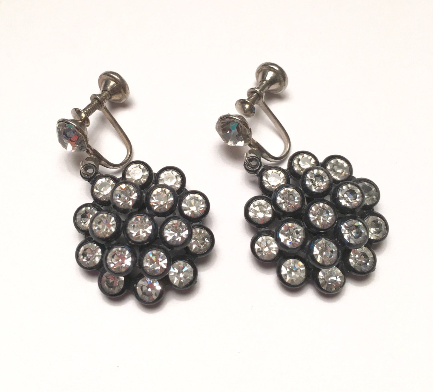 Black Dangle Cluster Rhinestone Earrings Clear by PastSplendors