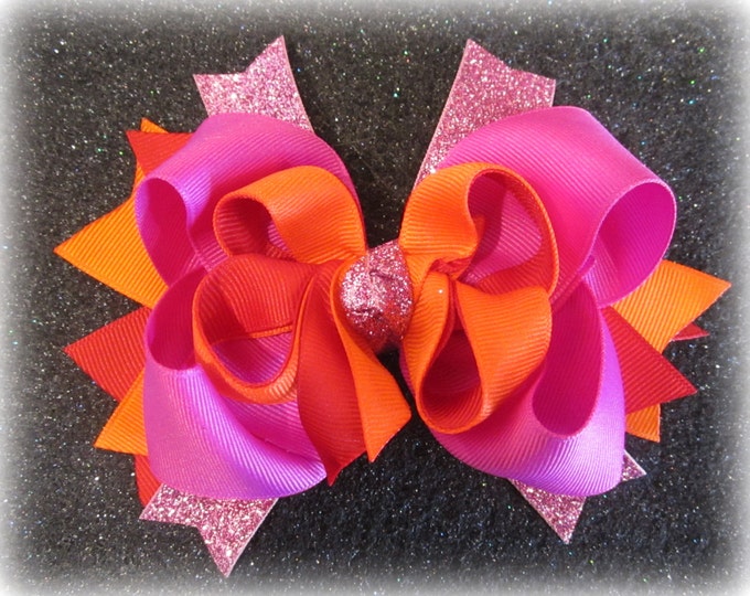 Girls hair bows, Boutique hairbows, Pink Hair Bow, Glitter Hair Bows, Orange Hair Bow, Triple Layer Hairbow, Baby Girls Toddler Bow, Sparkle
