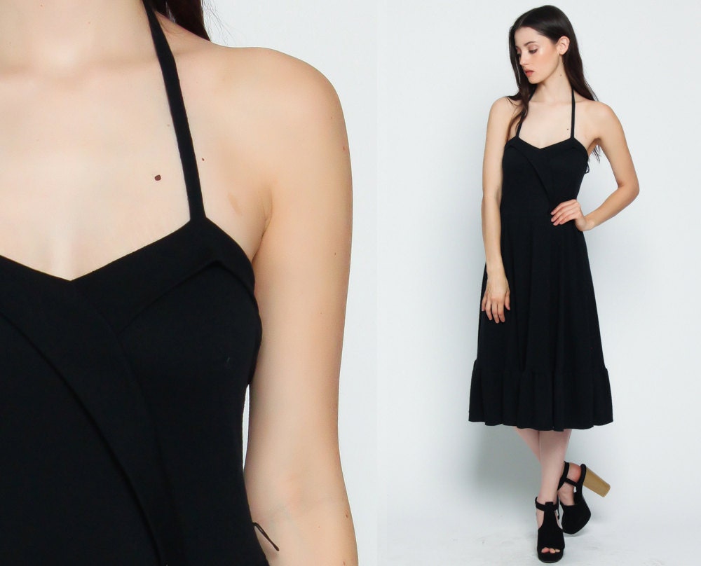 70s Midi Dress Black HALTER NECK Dress 80s Sundress Minimalist