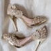 SALE! Vintage Flower Lace Wedding Shoes with Champagne Gold Applique Crochet Bridal Satin Pumps Shoes