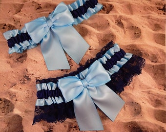 Powder Blue Satin Navy Blue Lace Wedding Bridal Garter Toss Set