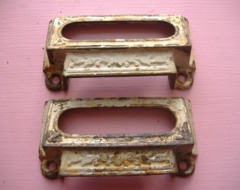 ONE Antique Victorian Cast Iron Eastlake Bin Pull with Label Window. Apothecary Drawer. Cabinet. Office. Parts Drawer.