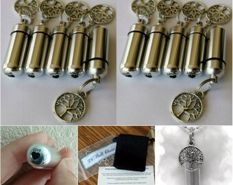 Family Set of TEN Tree-Of-Life CREMATION URN Keepsake Necklaces with Engraved Hearts - Includes 10 Velvet Pouches, 10 Ball-Chains & Fill Kit