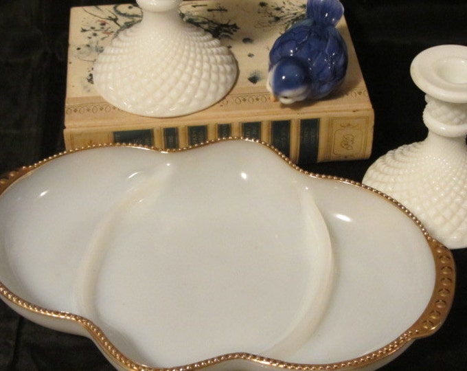 Vintage 1950's Fire King Oven Ware Milk Glass Divided Serving Dish / Tray With 24 K Gold Trim