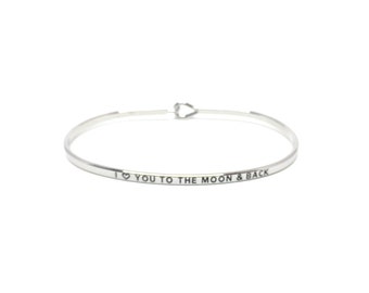 I Love You to the Moon and Back, Thin Silver Bangle, Simple Silver Bangle Bracelet, Silver Engraved Bangle, Handstamped, Stacking Bracelet