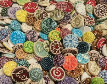 15 CERAMIC mini TILES - Mixed designs - glazed - Great for MOSAICS, magnets, jewelry designs, and more