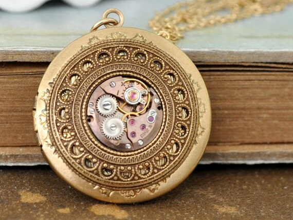 gold steampunk locket necklace TIME TRAVELER steampunk vintage Elgin jeweled watch movement locket necklace with steel chain by junesnight steampunk buy now online