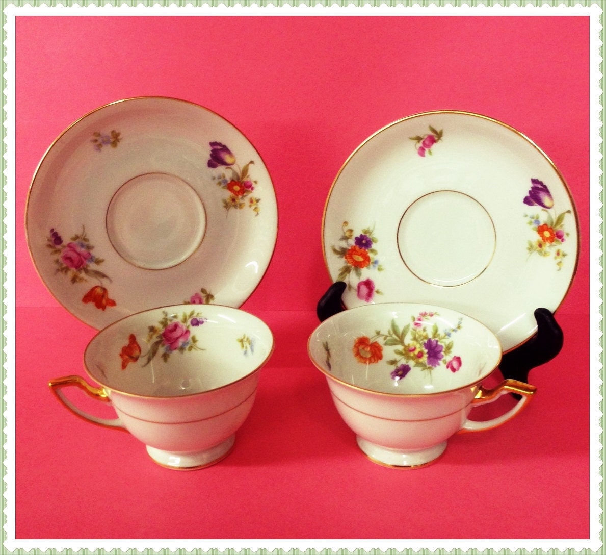 Porcelain Tea Cups and Saucers 2 Pairs Antique Thomas