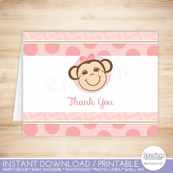 Monkey Thank You Card Template Monkey Folded Thank You Card Girl Baby Shower Pink Polka Folded Thank You Card Template