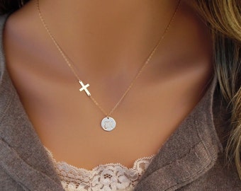 Initial Disc with Cross Necklace, 14kt Gold Filled, Gold Disc, Gold Cross, Personalized Cross Necklace, Jewelry of Faith, Gold Initial Disc