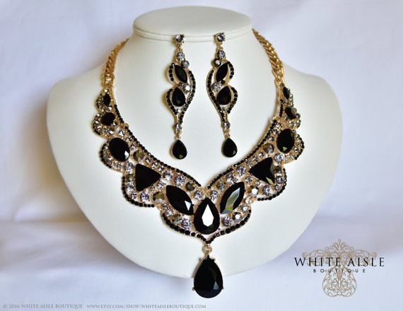 Black Wedding Jewelry Set Crystal Statement Necklace Wedding