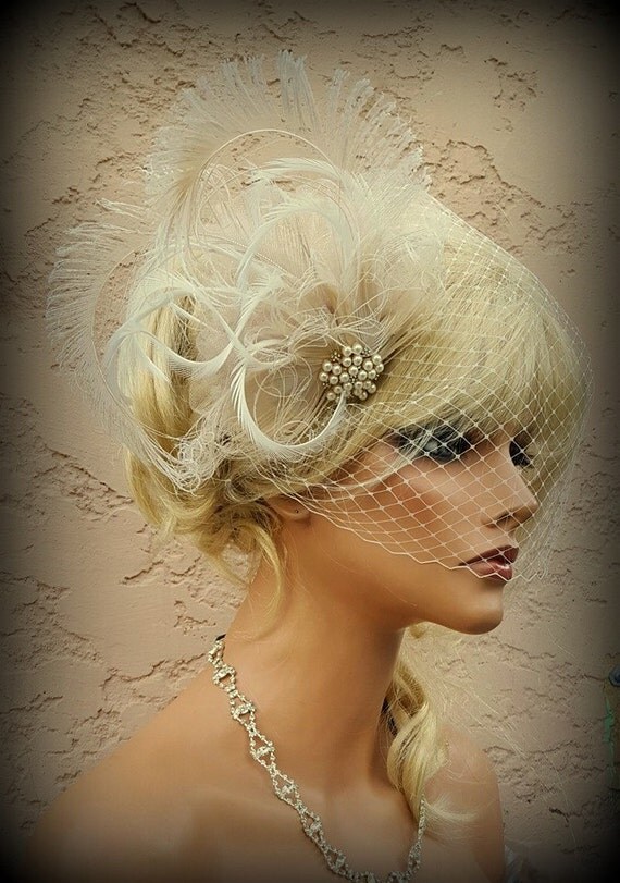 Ivory Fascinator Wedding Hair Clip Feather Hair by kathyjohnson3
