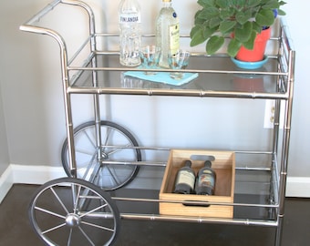 Hollywood Regency Bar Cart - Chrome Bamboo Silver Mid Century Modern Glam Retro Furniture Tea Vintage