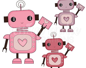 Love Bot Cute Digital Clipart, Cute Robot Clip art, Robot Graphics, Cute Valentine Robot Illustration, #075