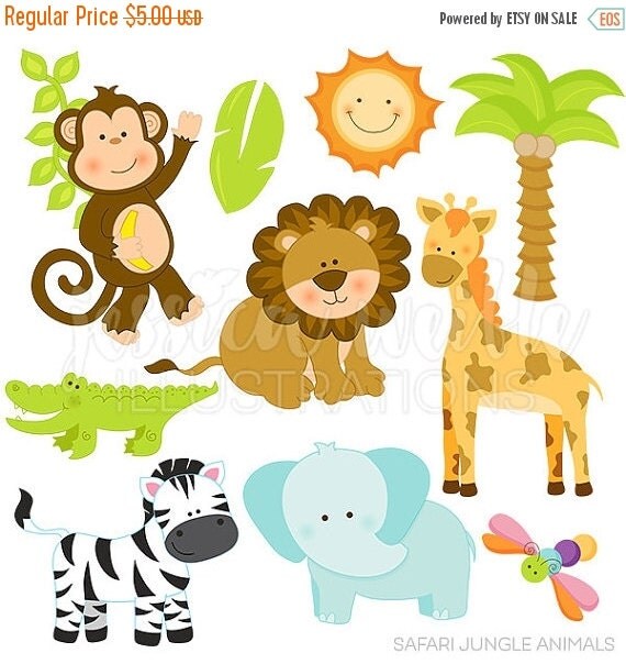 SALE Safari Jungle Animals Cute Digital Clipart by JWIllustrations