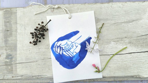 STARS on MY HANDS original painting blue ink minimal simple original