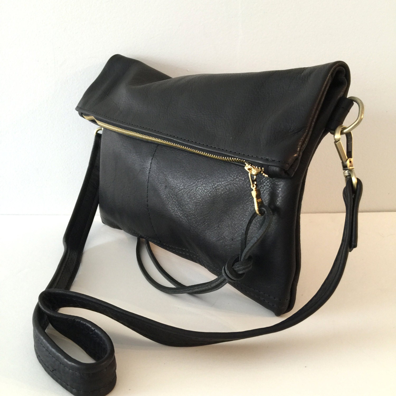 Black Leather Clutch Large Fold over Clutch cross body bag