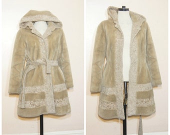 60s 70s Brown Faux Fur Coat Medium Peacoat Swing Hood Belted Retro Glam