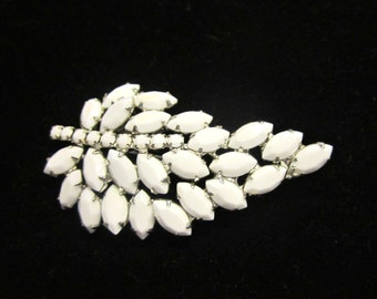 Vintage White Rhinestone Brooch Vintage Wedding Brooch White Milk Glass Pin Large Gift for Her Gift for Mom