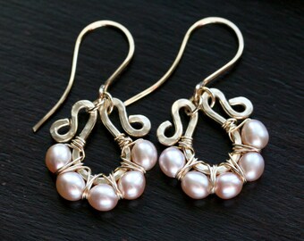 Handmade pink freshwater pearl earrings, 14k gold filled, wire wrapped, beaded hoops, dangle, drop, peach, Mimi Michele Jewelry