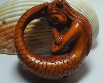 Mermaid Pendant, Hand Carved Wooden Sleeping Mermaid, Netsuke larger size
