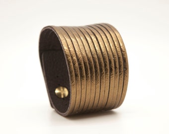 Gold Leather Cuff, Metallic Leather Cuff Bracelet - Strands