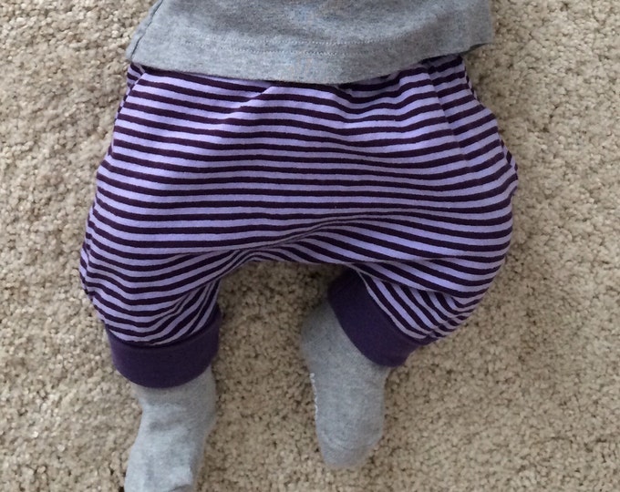 Baby kids toddler girl boy clothing harem pants baggy pants sweat pants, stripes purple, girls outfit. Size preemie - 3 y