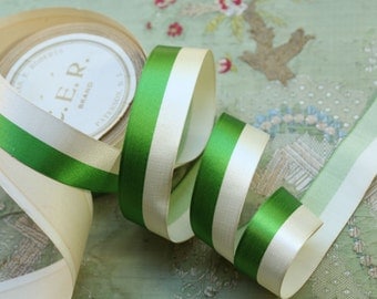1 yard Antique silk satin ribbon badge ribbonwork making green white stripe shade 1" wide striped cocarde art deco millinery hat trim