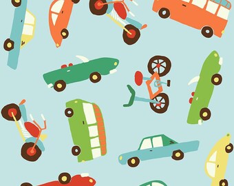 Blue Orange Green and Red Car Flannel, Wheels 2 By Deena Rutter for Riley Blake, Main Print in Blue, 1 Yard