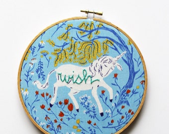 Unicorn Art. Embroidery Hoop Art. Hand Embroidery. Stitched Text "wish". Nursery Decor. Little Girl's Room. Art. Unicorn Hoop in Blue