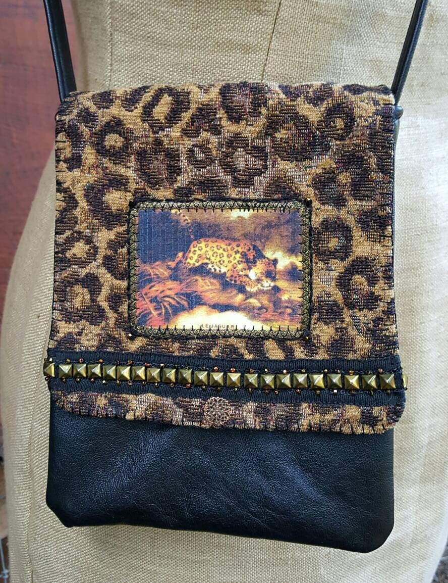 Handmade Purse Black Leather Jaguar Print by GreenLeavesBoutique