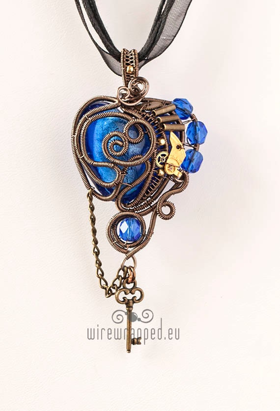 OOAK Dark blue steampunk heart pendant with key