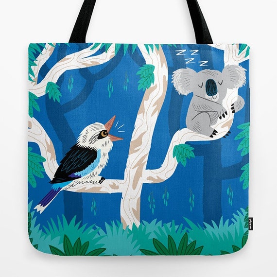 The Koala and the Kookaburra - Childrens Tote Bag - Book Bag - Record bag - cute animal /nature / wildlife - art bag - 18" x 18"