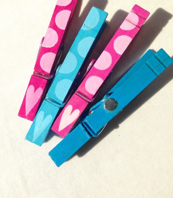 HEART CLOTHESPIN MAGNETS hand Painted magenta turquoise pink
