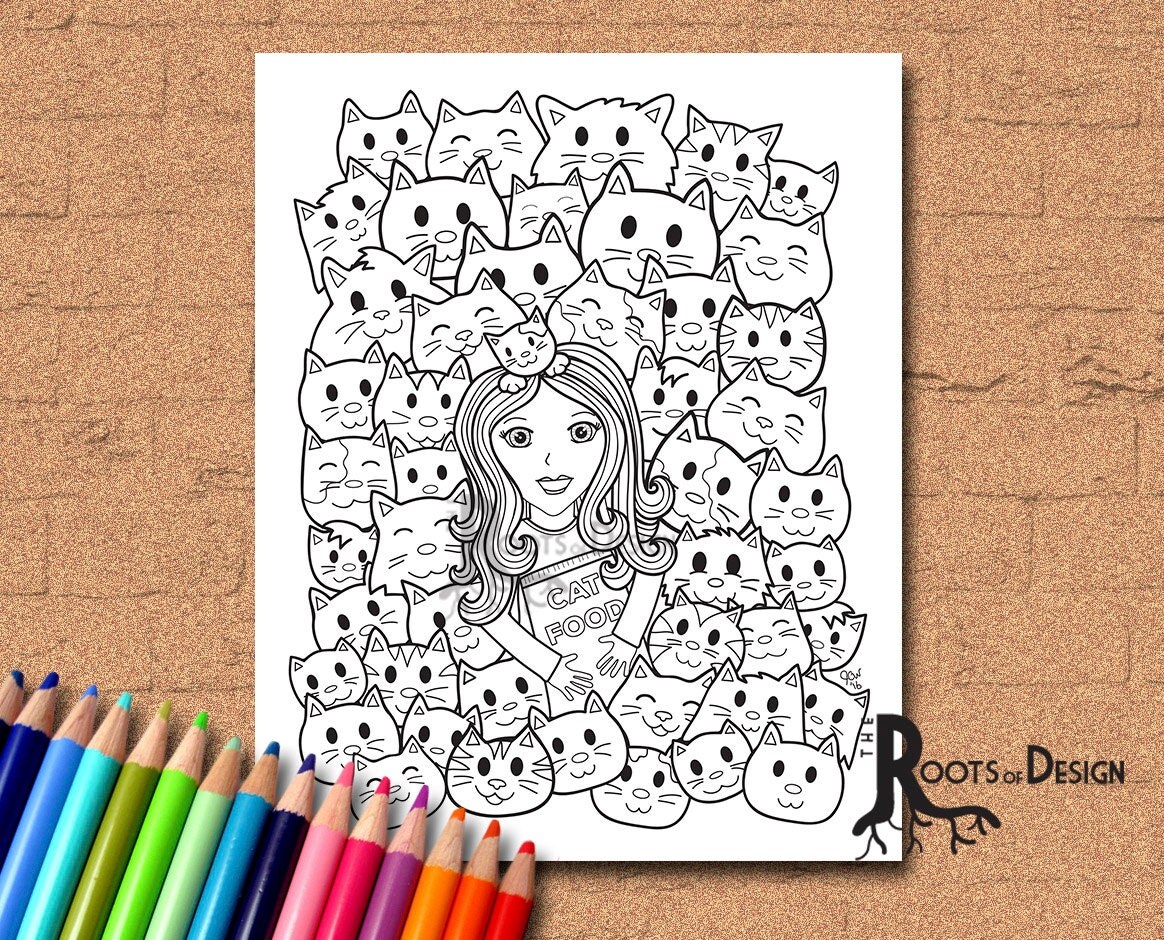 Download INSTANT DOWNLOAD Coloring Page Crazy Cat Lady doodle art