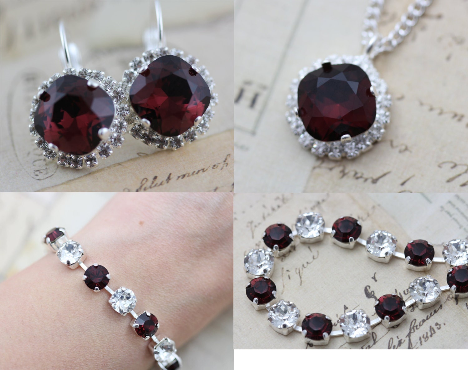 Burgundy Necklace Earrings Bracelet Jewelry Set Silver